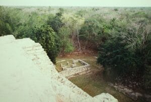 View down on excavated building in mayapan
