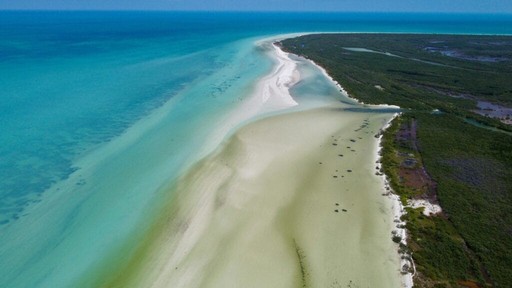 Island beach with no buildings. Overhead view of Isla Holbox, Mexico
