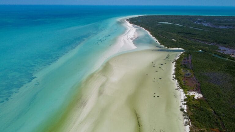 Island beach with no buildings. Overhead view of Isla Holbox, Mexico